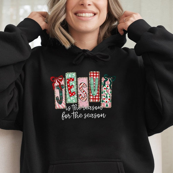 Plaid Bow Christian Christmas Sweatshirt, Jesus Is the Reason for the Season Hoodie, Faith Holiday Pullover, Womens Xmas Hood
