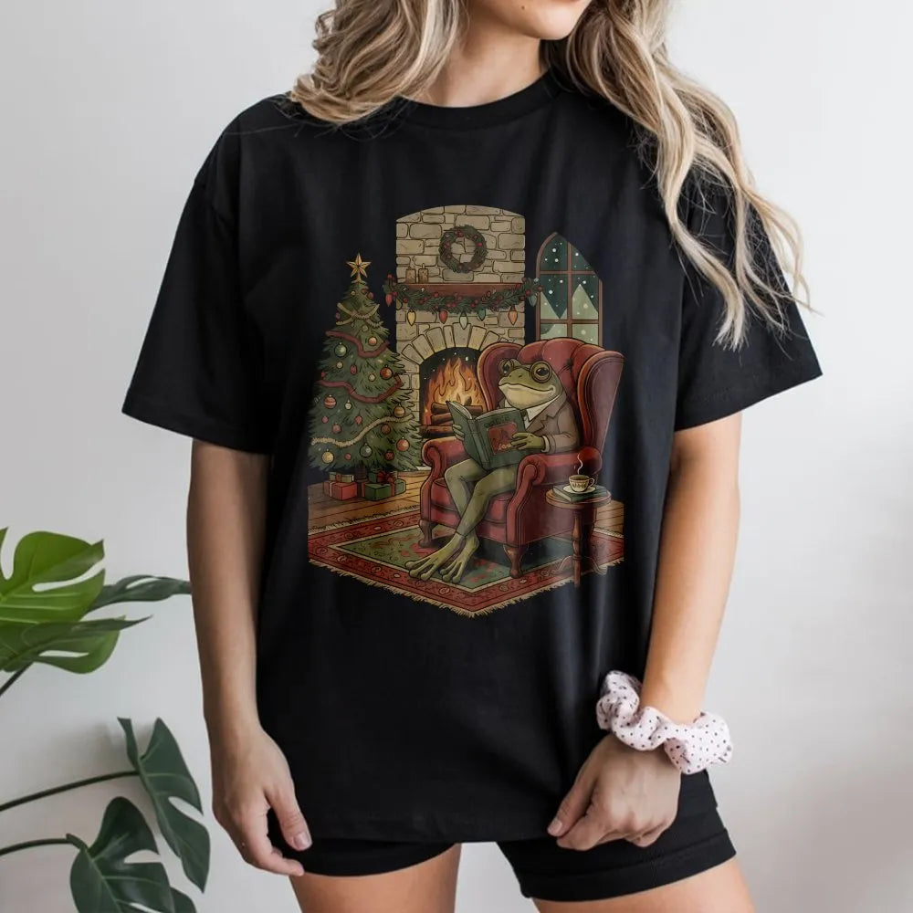 Adorable Toad Bookworm Shirt, Comfy Christmas Frog Reading Book T-Shirt, Book Lover Holiday Graphic Tee, Reader Christmas Gra