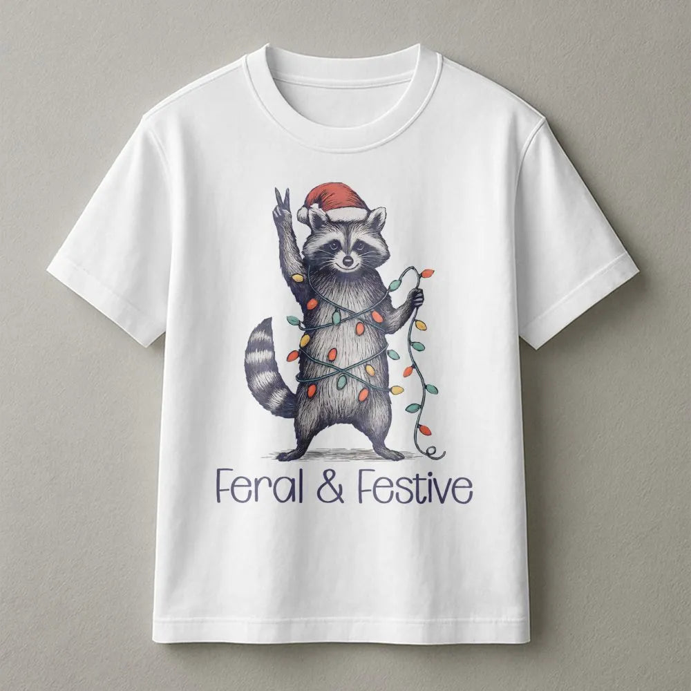 Humorous Trash Panda Xmas Shirt, Feral and Festive Raccoon Christmas T-Shirt, Retro Holiday Animal Graphic Tee, Adorable Racc