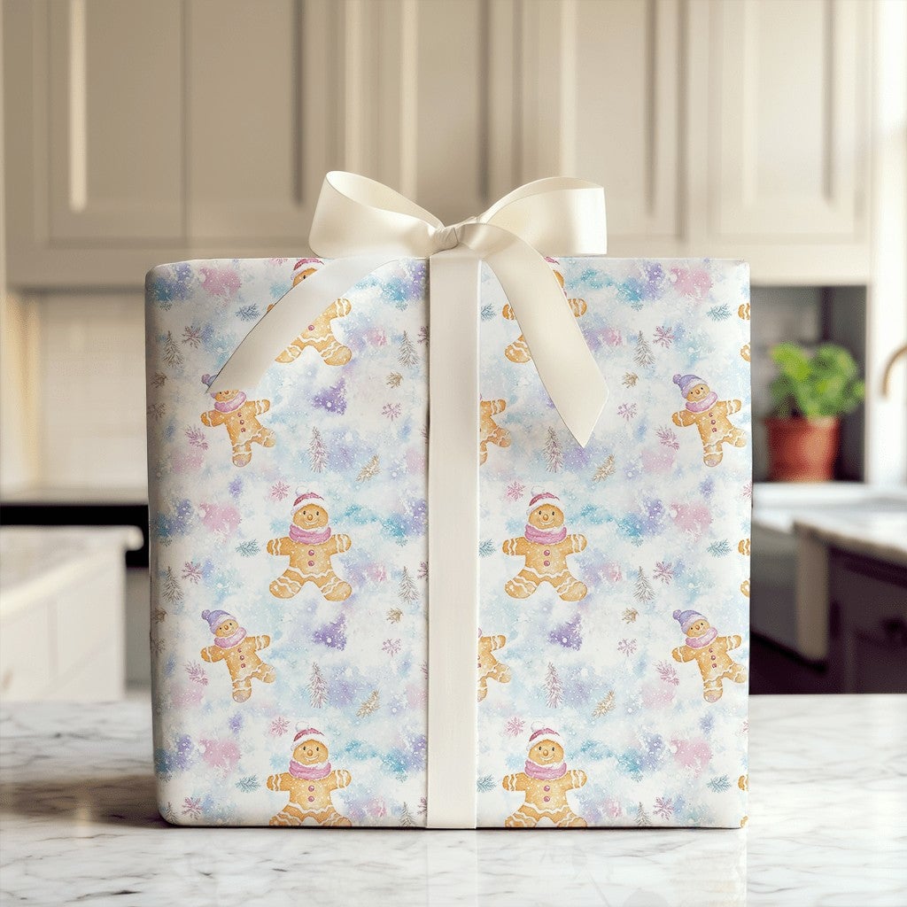 Pastel Winter Holiday Gift Wrap, Watercolor Gingerbread Man Wrapping Paper, Whimsical Christmas Wrapping Paper, Snowy Forest 