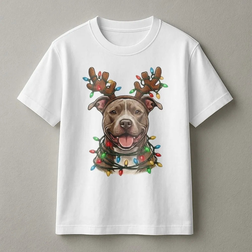 Reindeer Antlers Holiday Lights Shirt, Pitbull Christmas T-Shirt, Adorable Xmas Dog Graphic Tee, Festive Pup Apparel, Present