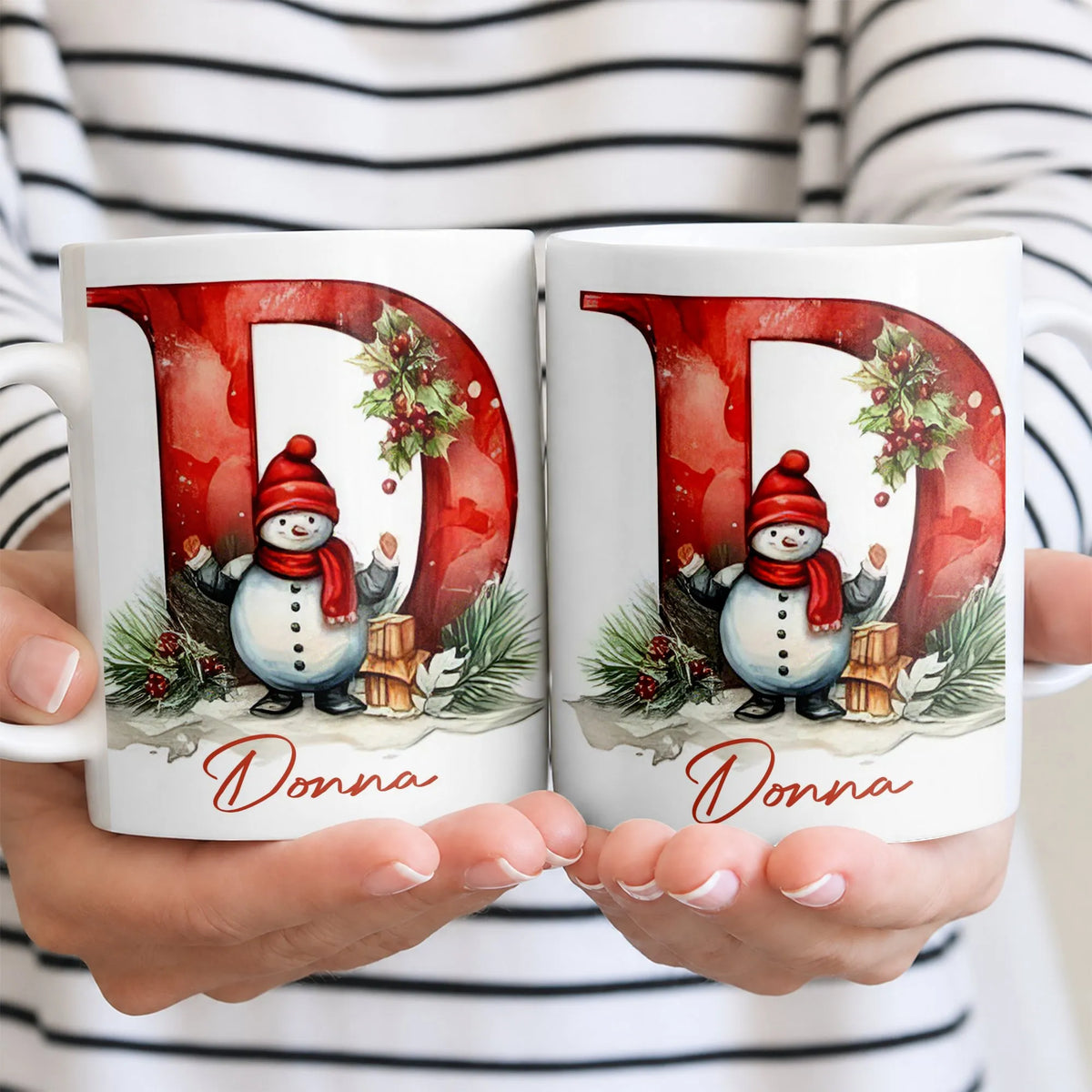 Personalized Initial D Winter Scene Coffee Cup, Christmas Snowman Monogram Mug, Festive Holiday Tea Mug, Ceramic Xmas Present