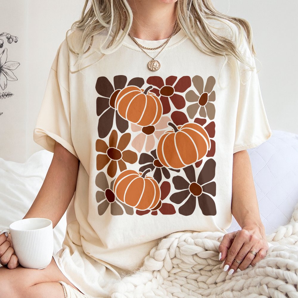 Boho Pumpkin T-Shirt | Retro Floral Autumn Graphic | 100% Cotton Fall Apparel | Thanksgiving Gift For Her