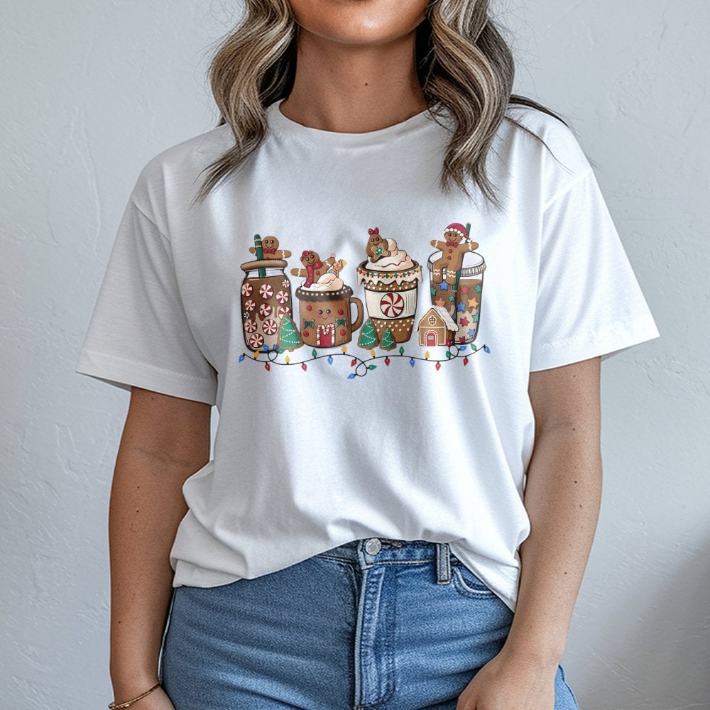Adorable Holiday Coffee Shirt, Gingerbread Hot Cocoa T-Shirt, Christmas Gingerbread Graphic Tee, Festive Winter Coffee Tee, C