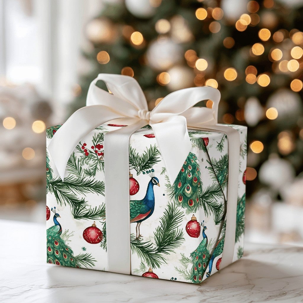 Pine Branch Bird Gift Wrap, Watercolor Peacock Christmas Wrapping Paper, Red Ornament Wrapping Paper, Elegant Winter Holiday 