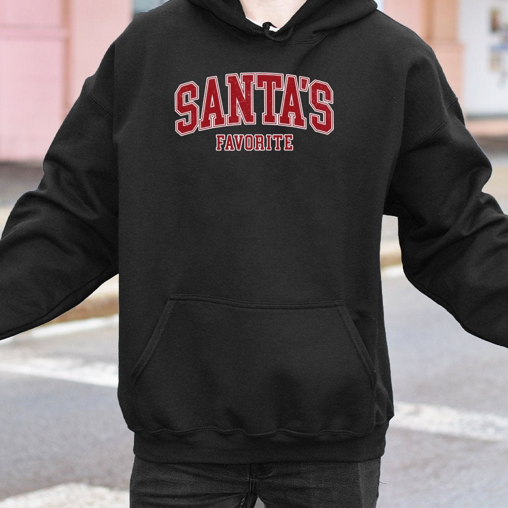 Retro Varsity Christmas Sweatshirt, Santa's Favorite Hoodie, Humorous Xmas Quote Pullover, Festive Holiday Season Party Hoode