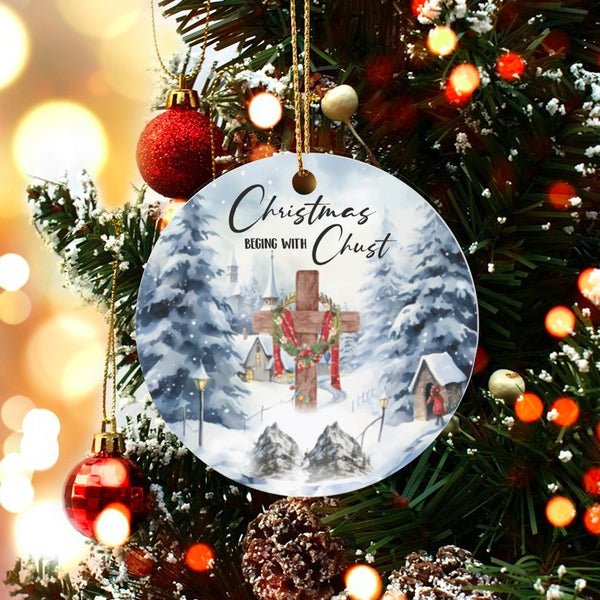 Religious Cross Tree Ornament, Christmas Begins with Christ Ornament, Snowy Village Ceramic Ornament, Christian Holiday Keeps