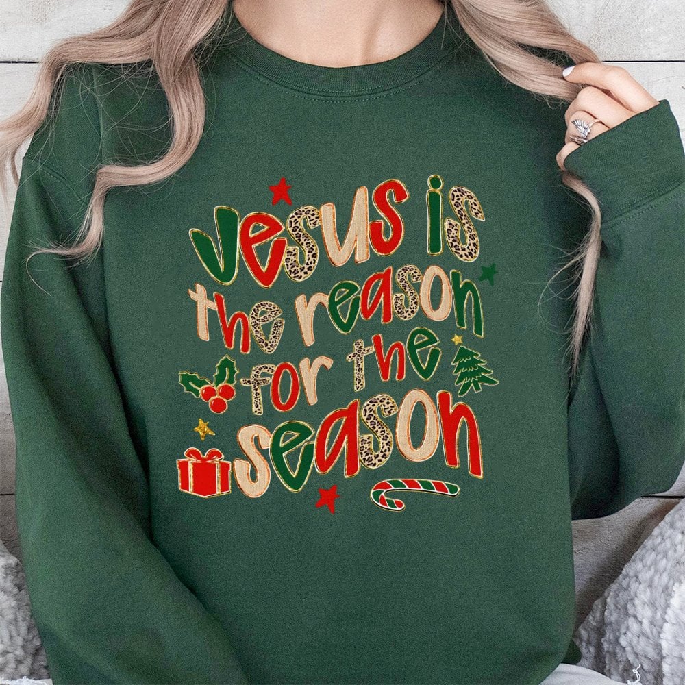 Leopard Print Christian Christmas Crewneck, Jesus Is the Reason for the Season Sweatshirt, Faith Holiday Pullover, Winter Jes