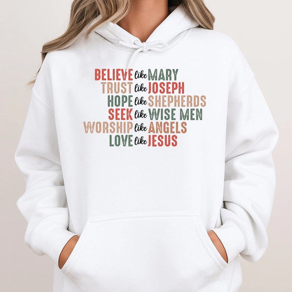Retro Faith Based Hoodie, Believe Like Mary Christmas Hoodie, Christian Typography Pullover Hoodie, Religious Holiday Hooded 