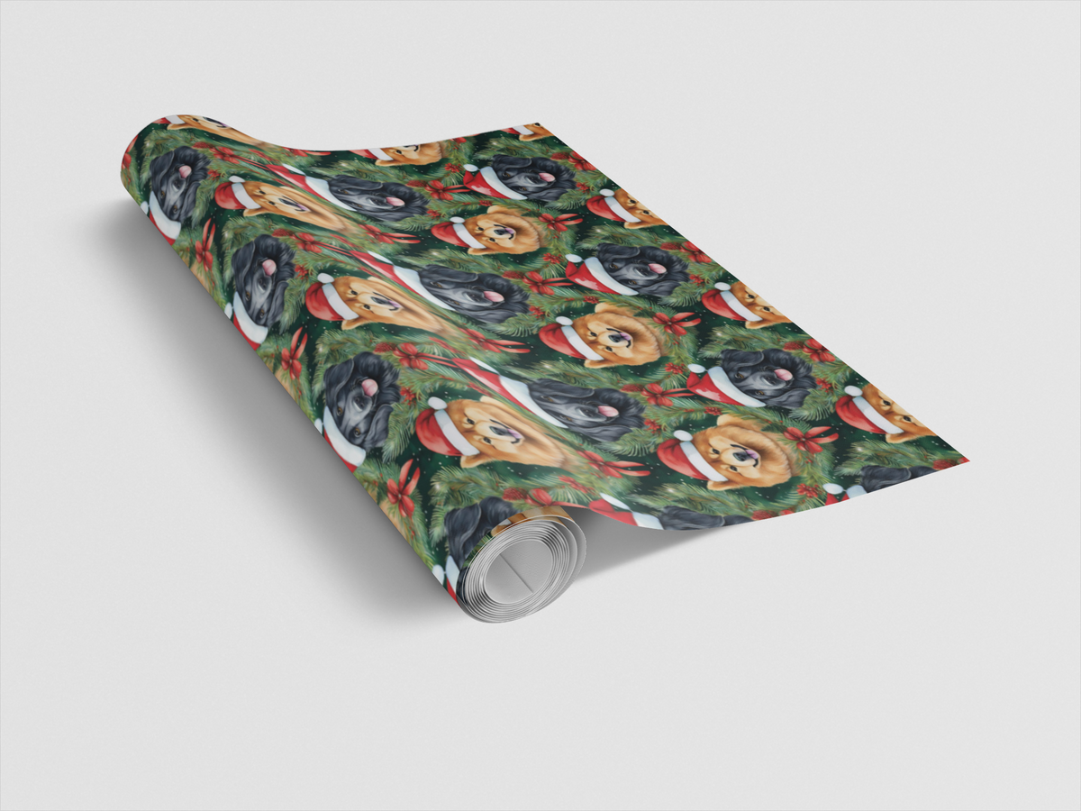 Christmas Dog Wreath Gift Wrap, Flat-Coated Retriever and Shiba Inu Wrapping Paper, Adorable Puppy Holiday Wrapping Paper, Pe