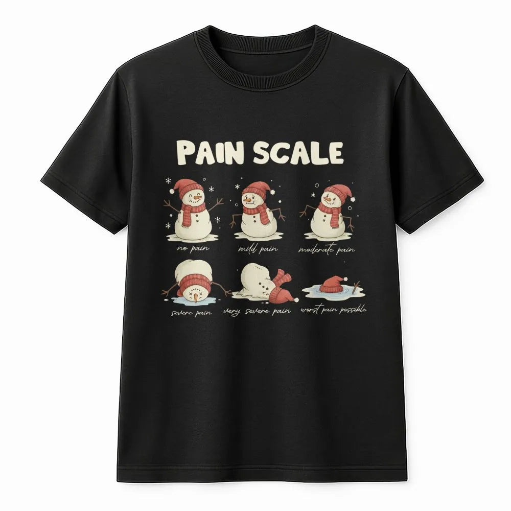 Humorous Medical Humor Shirt, Snowman Pain Scale Christmas Nurse T-Shirt, Holiday Healthcare Graphic Tee, Winter Hospital Tee