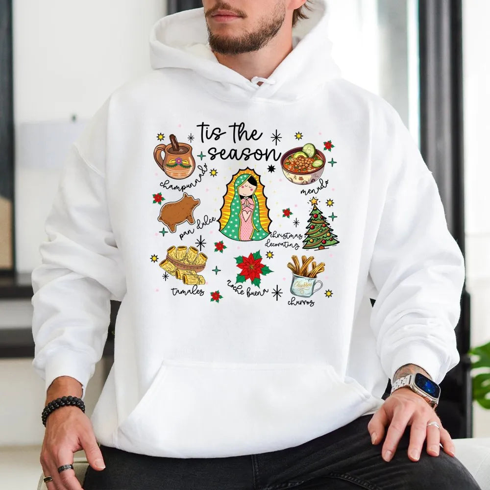 Virgencita Food Holiday Hoodie, Tis the Season Mexican Christmas Hoodie, Latinx Festive Hooded Sweatshirt, Mexican Food Graph
