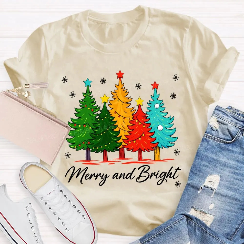 Colorful Holiday Graphic Tee, Merry and Bright Christmas Tree T-Shirt, Festive Xmas Tree Shirt, Retro Christmas Tee, Holiday 