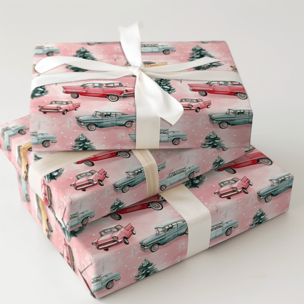 Retro Winter Tree Holiday Wrapping Paper, Vintage Pink Christmas Car Wrapping Paper, Pastel Xmas Gift Wrap Roll, Snowy Season
