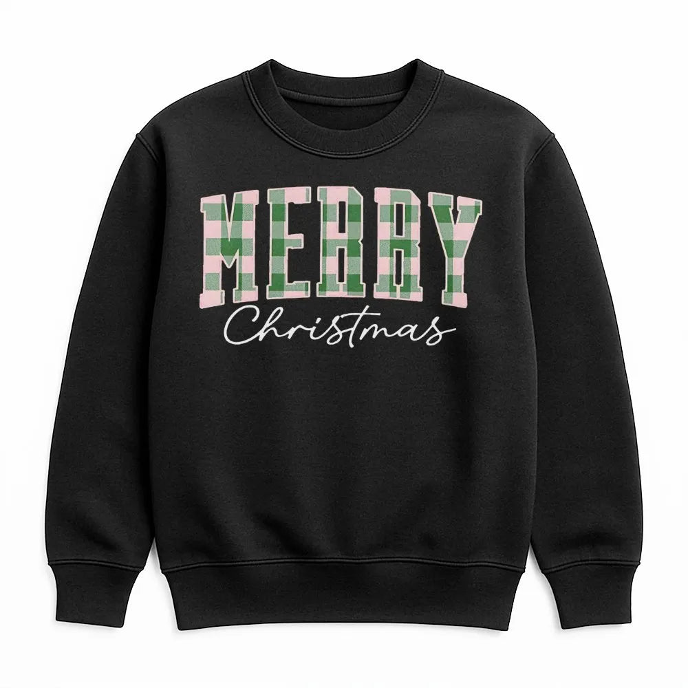 Green Buffalo Plaid Holiday Sweater, Merry Christmas Sweatshirt, Vintage Xmas Lettering Crewneck, Family Winter Pullover