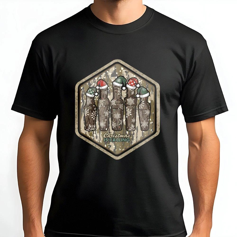 Camo Hunting Holiday Graphic Tee, Christmas Duck Call T-Shirt, Humorous Hunter Dad Xmas Shirt, Mallard Waterfowl Hunting Seas