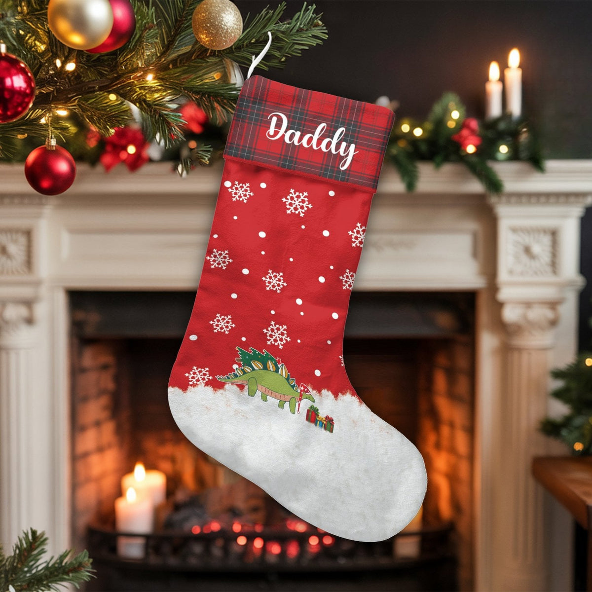 Personalized Red Plaid Stocking, Dinosaur Christmas Stocking, Adorable Dino Holiday Stocking, Custom Kids Christmas Stocking,