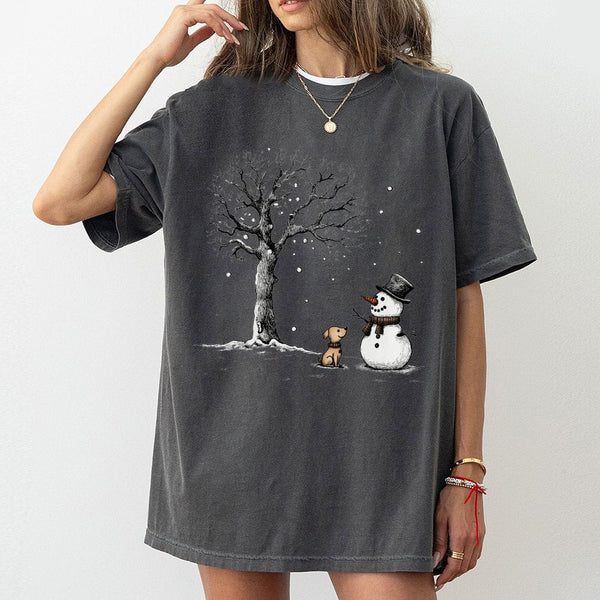 Adorable Winter Dog Snowman T-Shirt, Snowman and Puppy Dog T-Shirt, Dog Lover Christmas Snowman Shirt, Holiday Puppy Graphic 