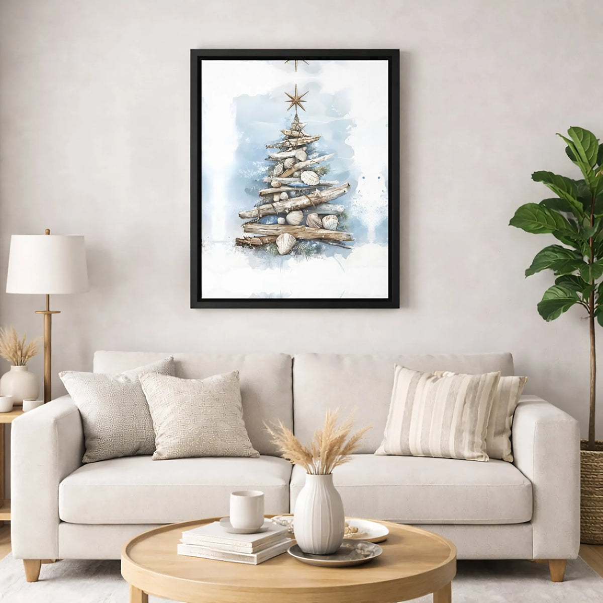 Driftwood Seashell Canvas Print, Coastal Christmas Tree Canvas Wall Art, Beachy Holiday Wall Decor, Nautical Christmas Canvas