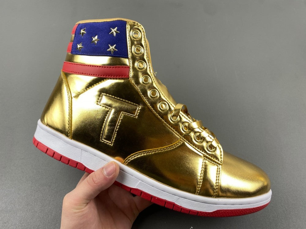 High Top Sneakers, Gold Red Colorway, Lace Up Design, Casual Gift for Sneaker Fans