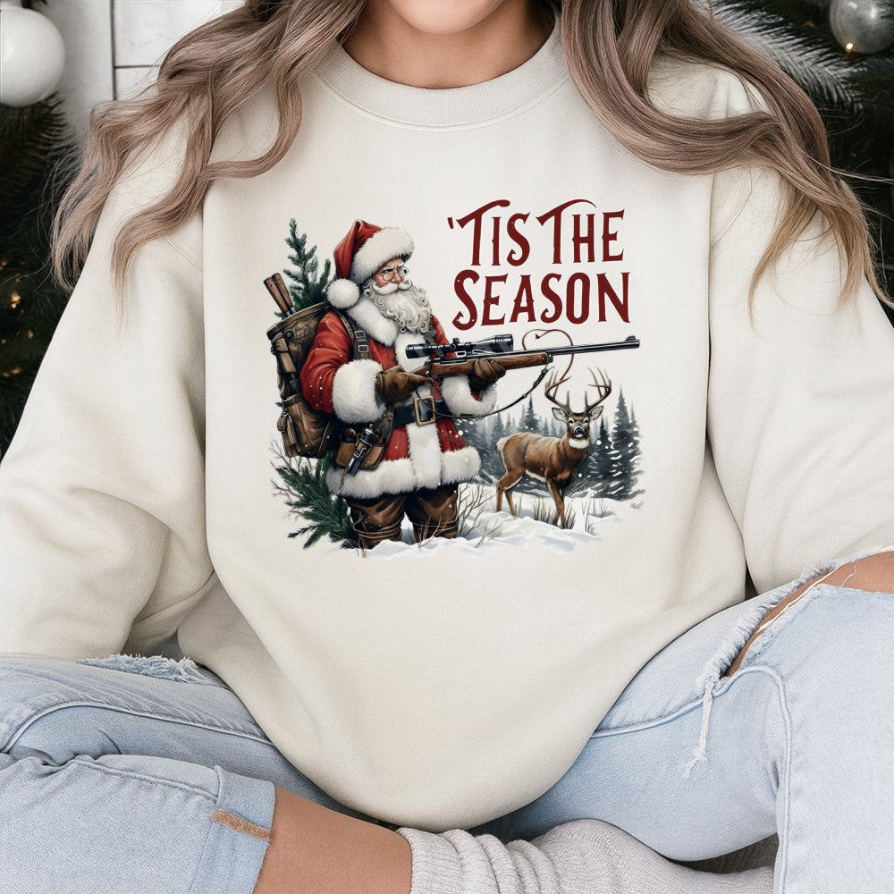 Deer Hunter Christmas Sweater, Tis the Season Santa Hunting Sweatshirt, Humorous Bow Hunting Crewneck, Outdoor Holiday Pullov