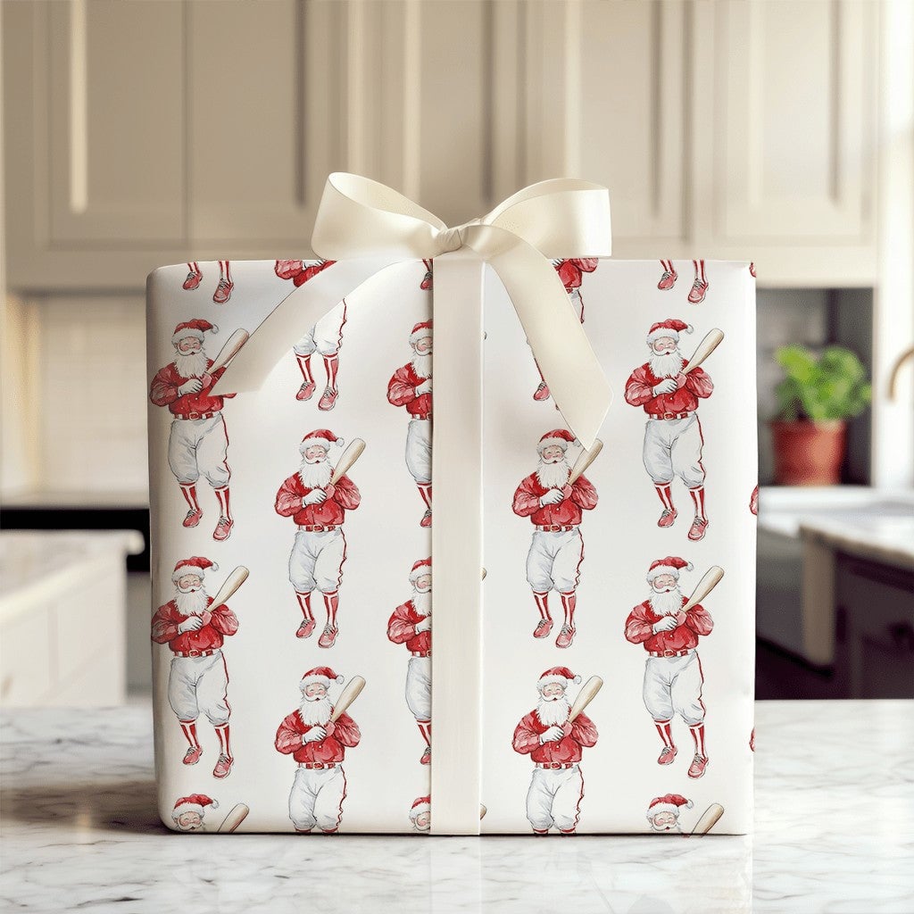 Retro Sport Christmas Gift Wrap, Vintage Baseball Santa Wrapping Paper, Red Uniform Baseball Wrapping Paper, Sports Fan Gift 