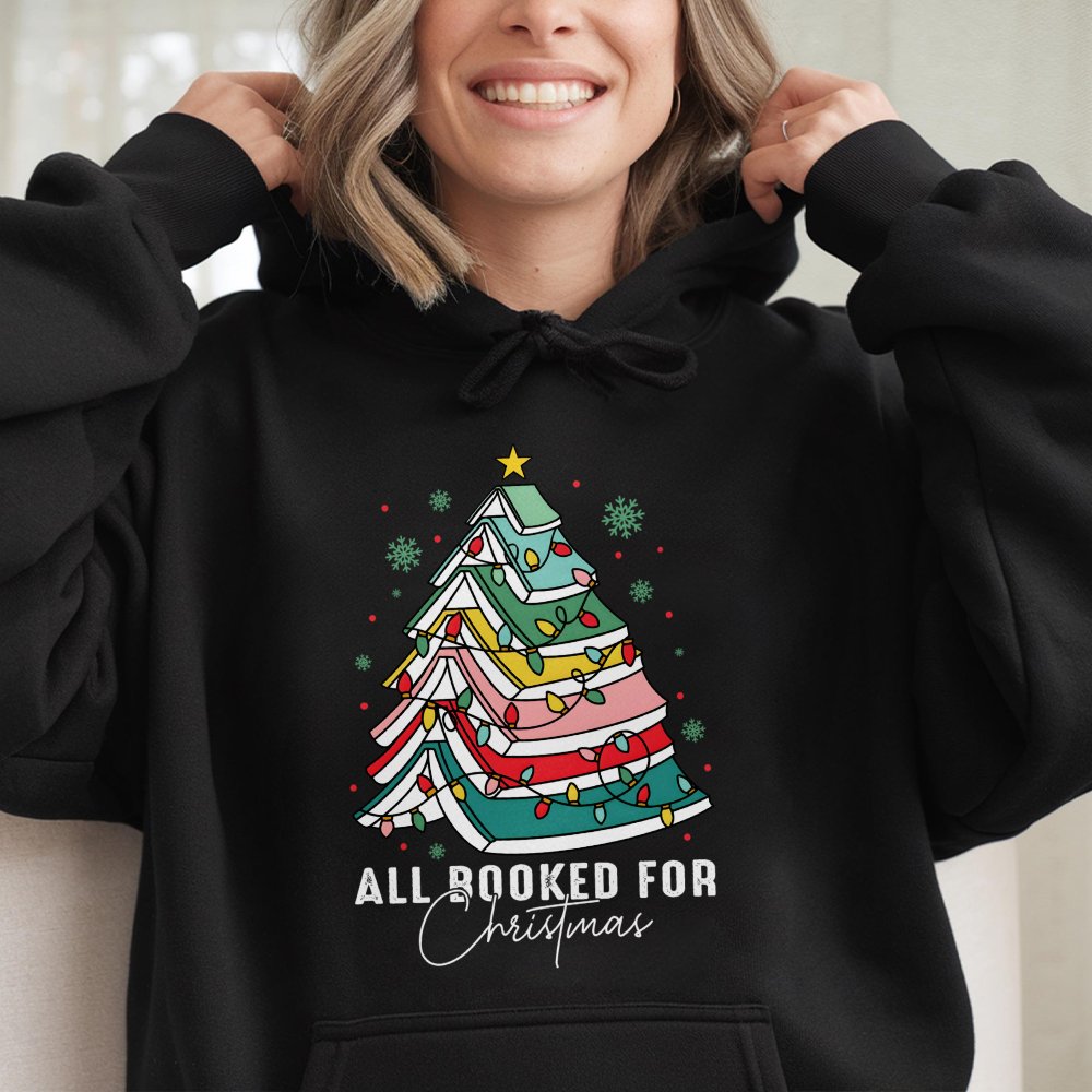 Book Lover Tree Graphic Hoodie, All Booked for Christmas Hoodie, Adorable Bookish Holiday Hoodie, Reader Bookworm Winter Pres