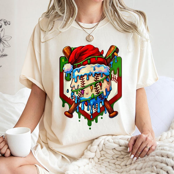 Santa Hat Drip Sports Graphic Tee, Christmas Baseball T-Shirt, Holiday Baseball Bats Shirt, Festive Athletic Crew Tee, Baseba