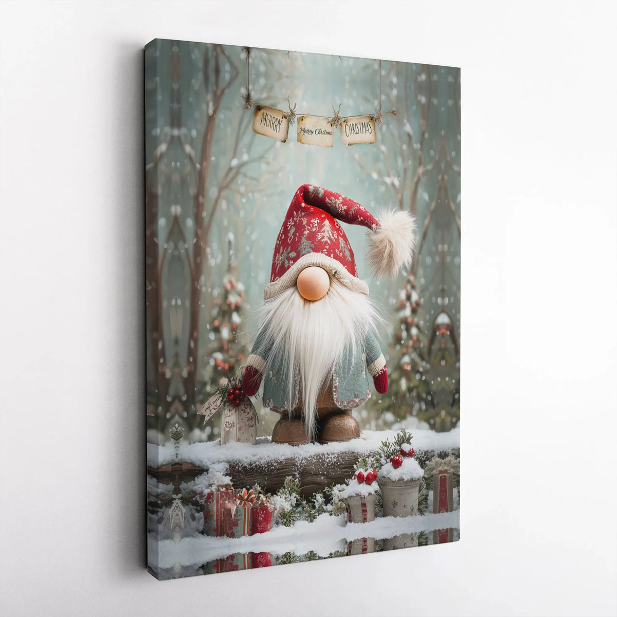 Snowy Winter Woodland Scene Canvas Print, Christmas Gnome Canvas Wall Art, Festive Holiday Wall Decor, Nordic Gnome Xmas Home
