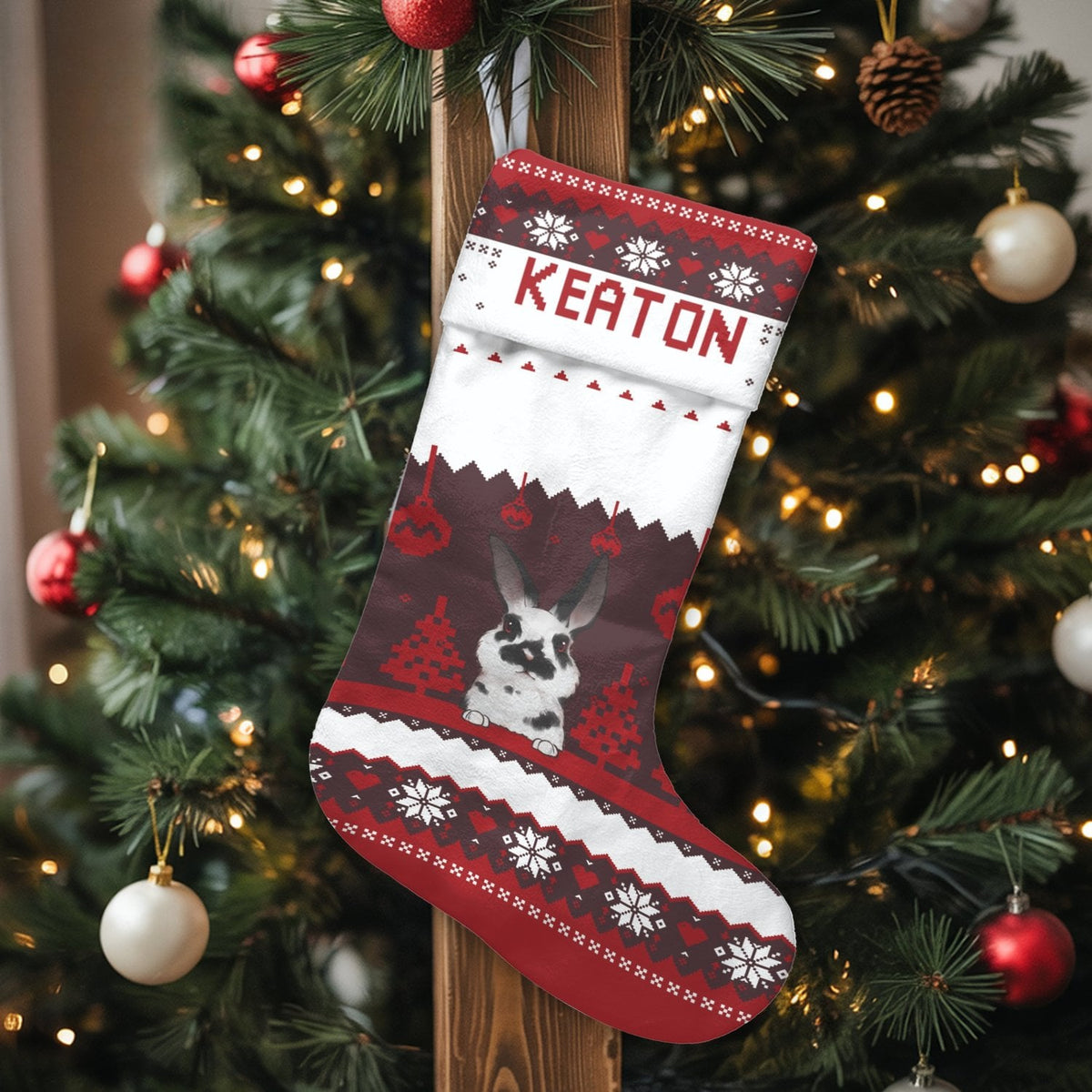 Custom Bunny Holiday Stocking, Personalized Rabbit Christmas Stocking, Velboa Pet Lover Stocking, Animal Festive Decor, Adora