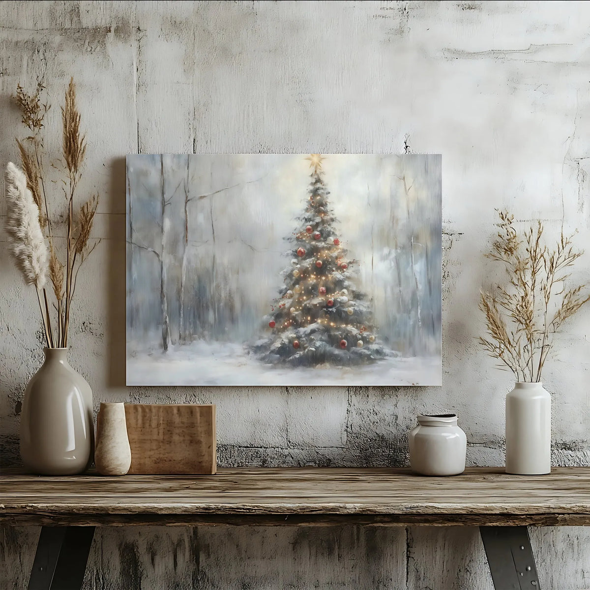 Winter Pine Forest Landscape Print, Snowy Christmas Tree Canvas Wall Art, Holiday Farmhouse Decor, Digital Download Christmas