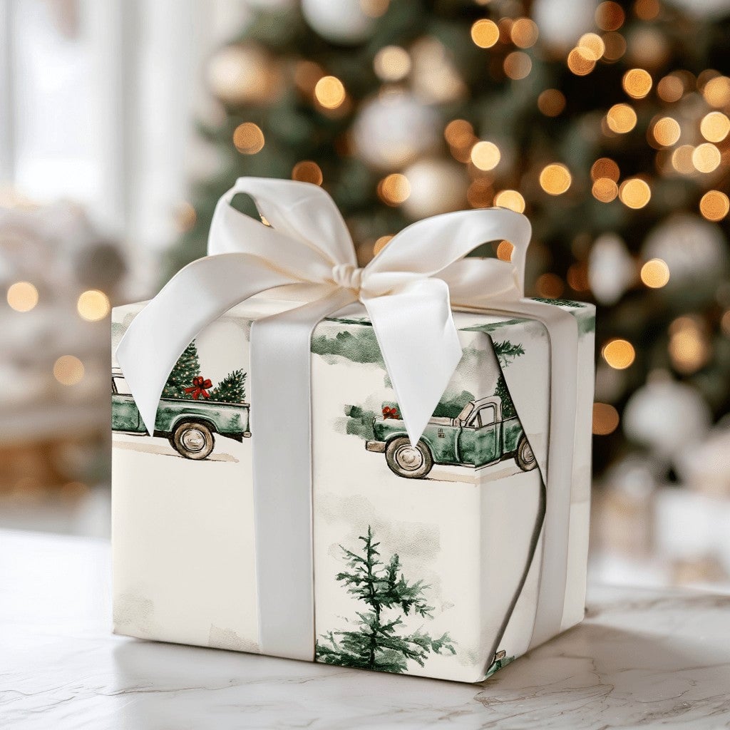 Farmhouse Tree Gift Wrap, Vintage Green Truck Christmas Wrapping Paper, Rustic Pine Holiday Wrapping Paper, Winter Present Gi