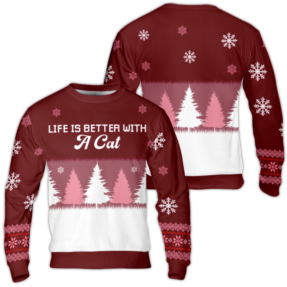 Christmas Cat Snowflake Sweatshirt, Life Is Better with A Cat Ugly Sweater, Humorous Hacci Fleece Xmas Pullover, Cat Lover Ho