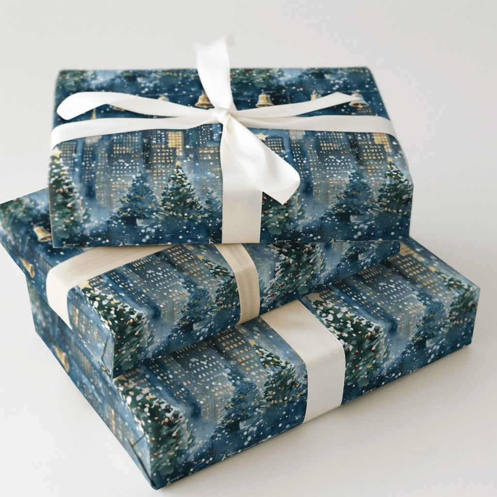 Snowy NYC Skyline Holiday Gift Wrap, New York City Christmas Wrapping Paper, Watercolor Cityscape Present Paper, Winter City 