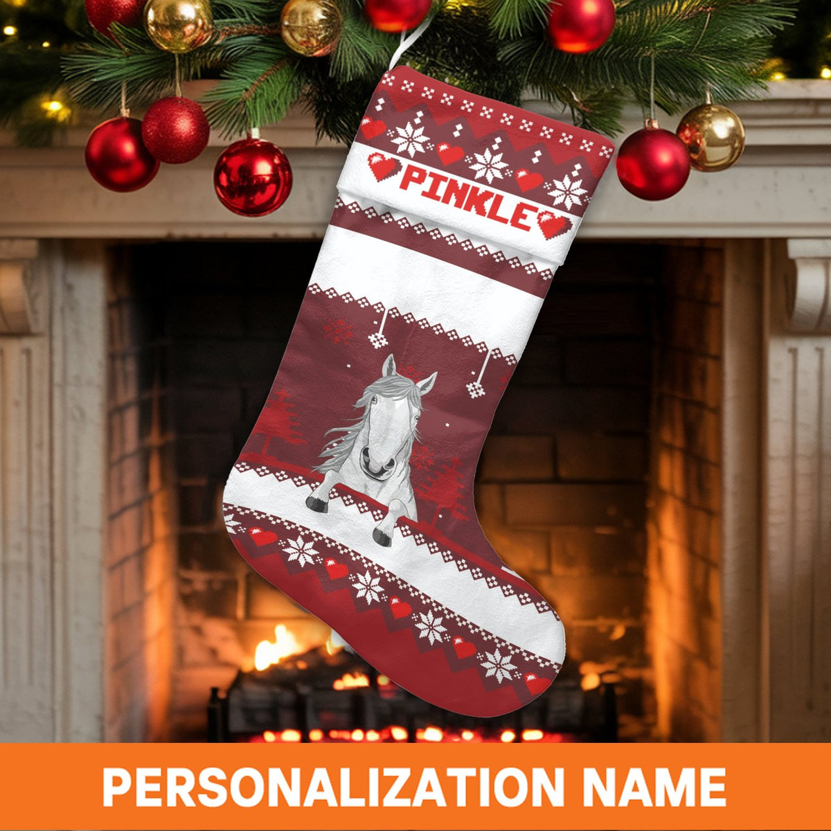 Custom Name Equine Stocking, Personalized Horse Christmas Stocking, Adorable Pony Holiday Stocking, Horse Lover Present, Rust