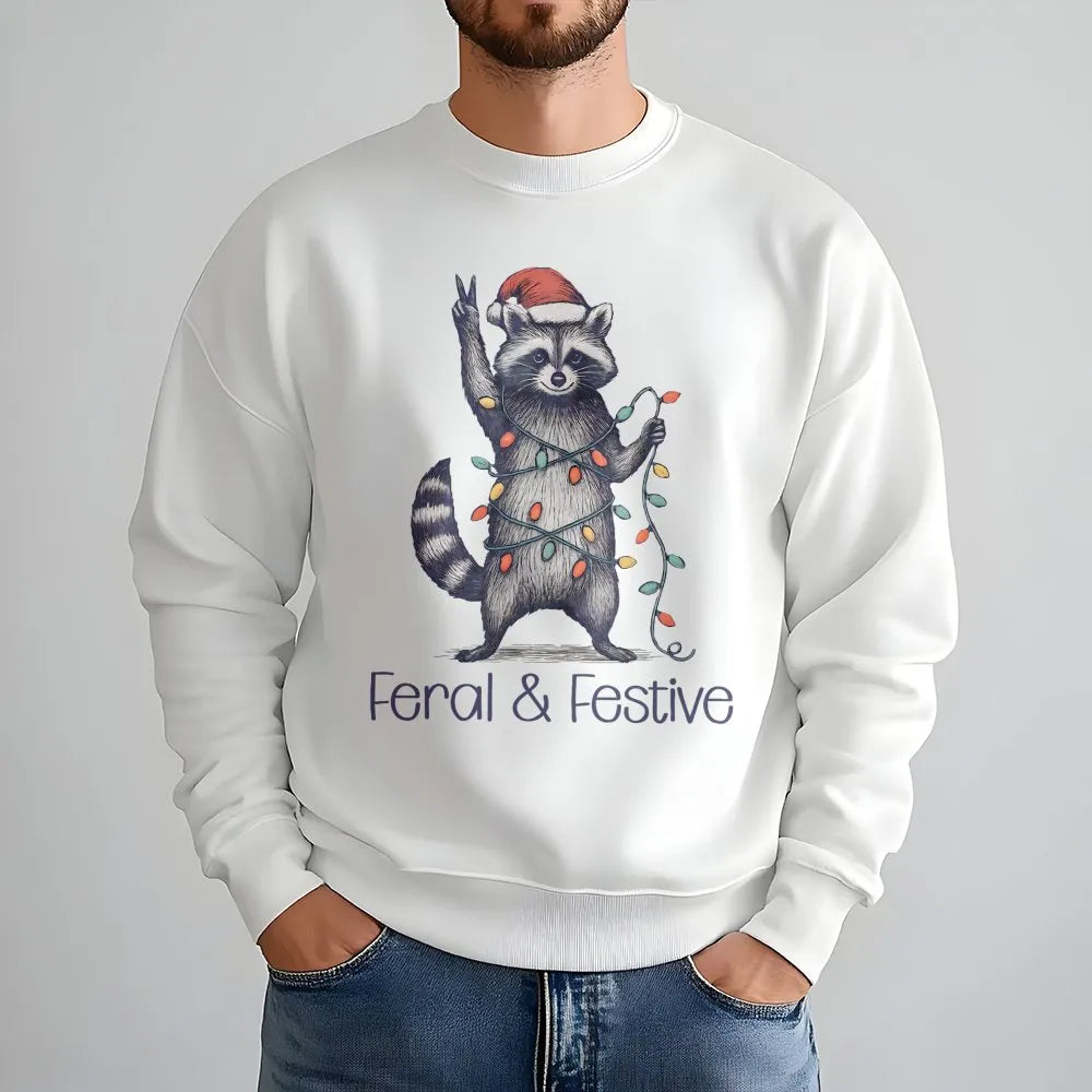 Humorous Woodland Animal Holiday Sweater, Feral and Festive Raccoon Christmas Sweatshirt, Retro Trash Panda Xmas Pullover Pre