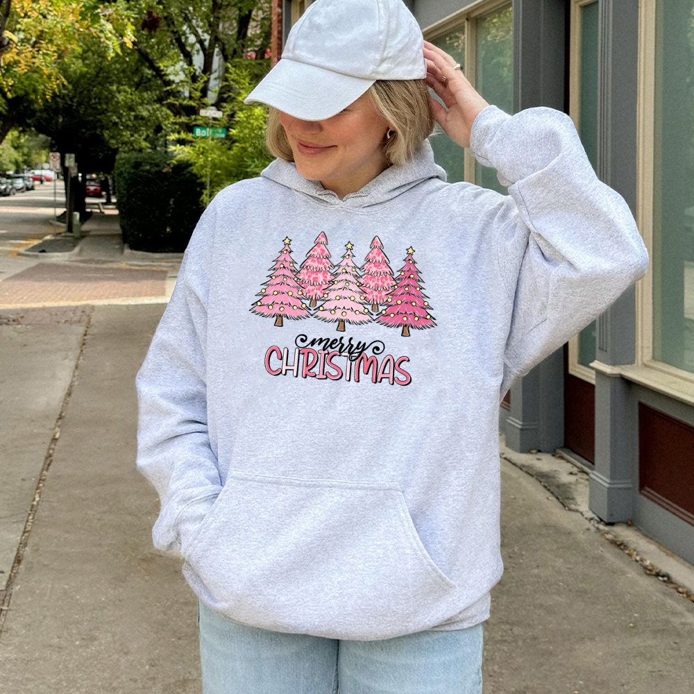 Merry Christmas Leopard Pattern Hoodie, Pink Leopard Christmas Tree Hoodie, Trendy Holiday Sweatshirt, Girly Adorable Xmas Pu