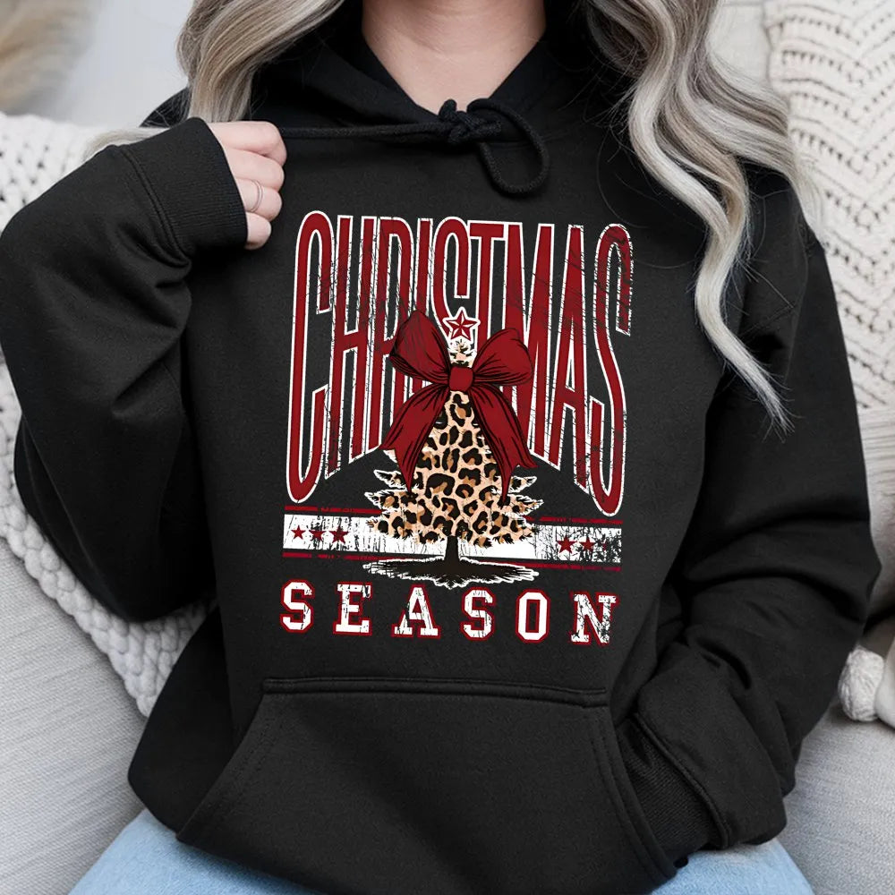 Christmas Season Hoodie, Leopard Print Bow Tree Hoodie, Adorable Coquette Holiday Tree Hooded Sweatshirt, Comfy Xmas Hoodie, 