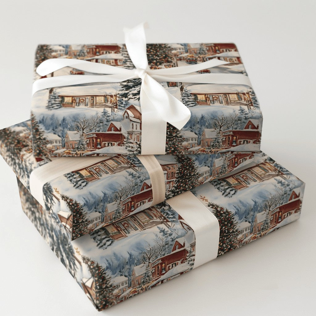 Snowy Town Storefronts Holiday Gift Wrap, Vintage Christmas Village Wrapping Paper, Nostalgic Xmas Wrapping Paper, Festive Wi