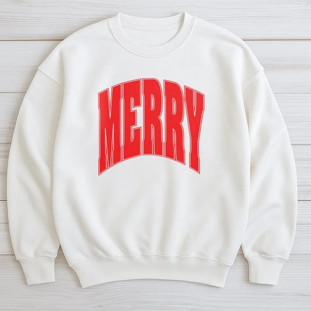 Varsity Holiday Sweatshirt, Merry Christmas Sweatshirt, Retro Arch Lettering Crewneck, Comfy Winter Pullover, Festive Xmas Pr