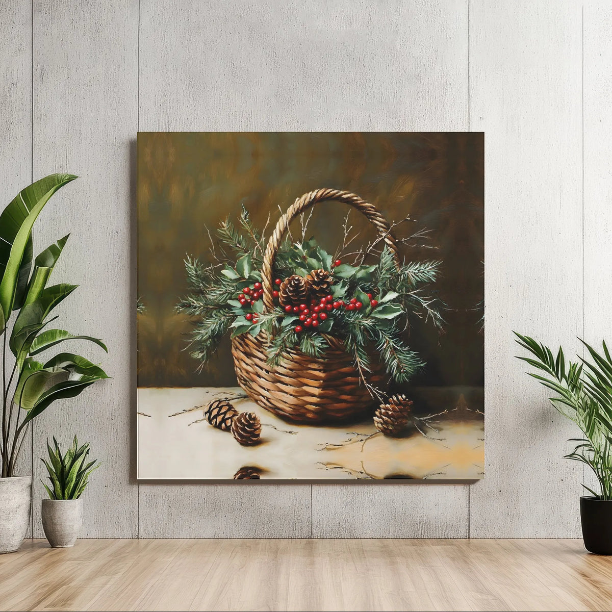 Rustic Holly Berry Canvas Print, Christmas Basket Still Life Canvas Wall Art, Winter Pinecone Painting, Holiday Decor Digital