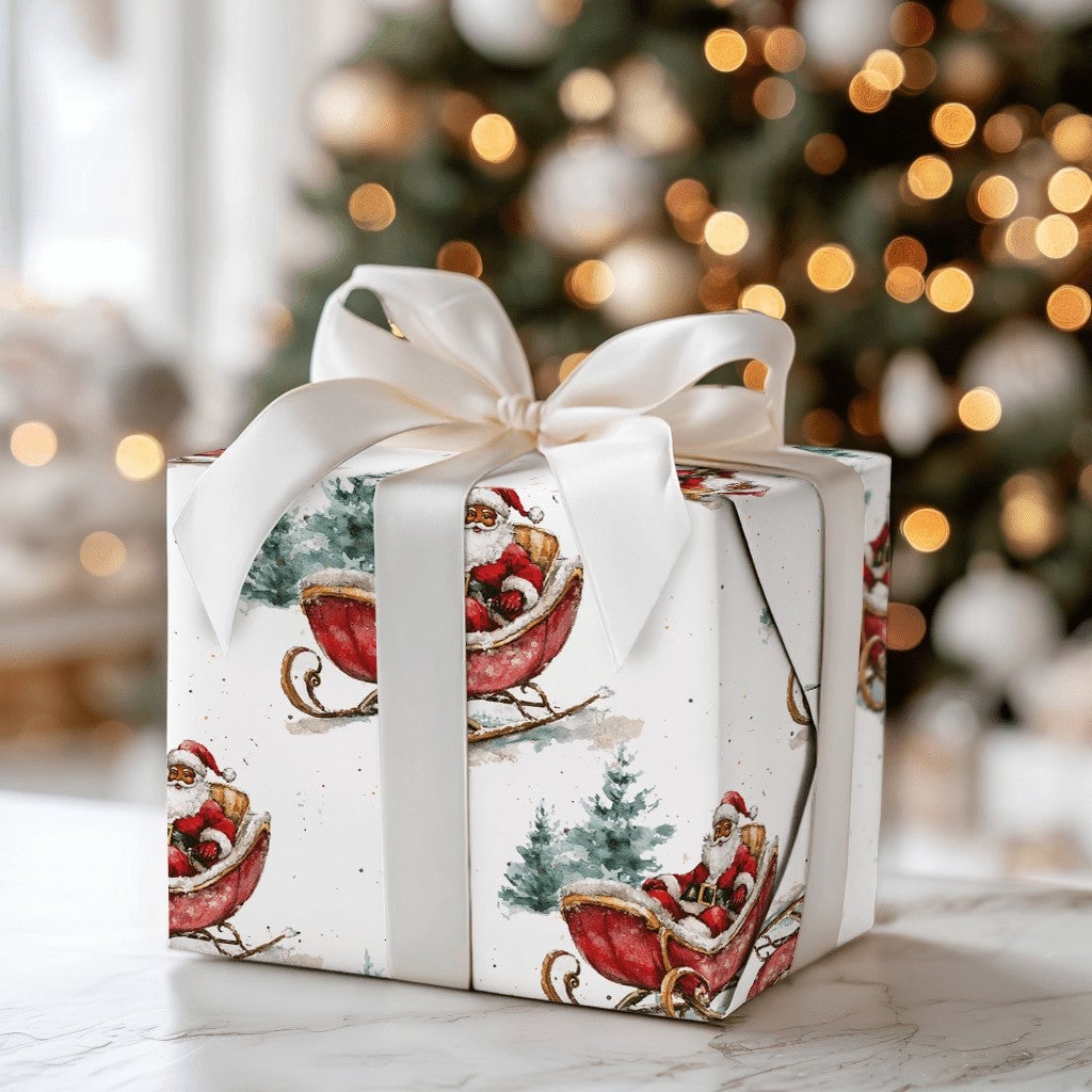 Watercolor Pine Tree Christmas Wrapping Paper, Black Santa Sleigh Wrapping Paper, Inclusive Holiday Gift Wrap, Festive Xmas W