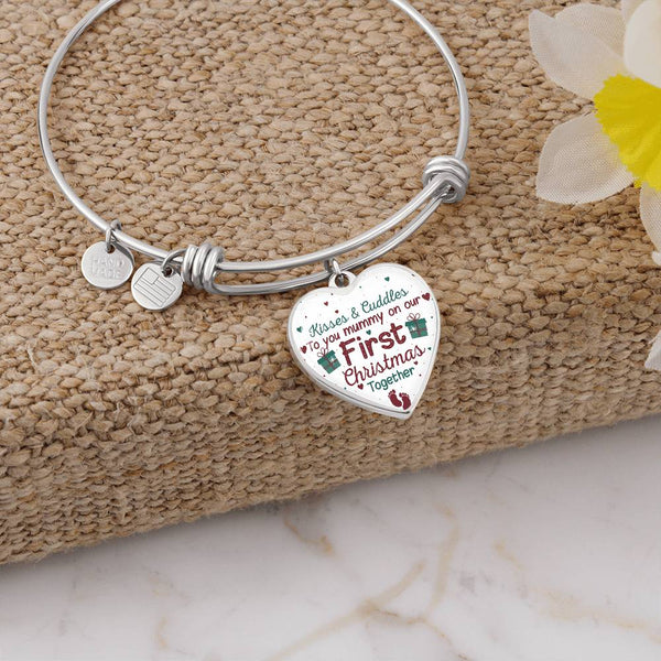 Mummy Keepsake Bracelet, First Christmas Heart Bangle, Silver Tone New Mom Charm Bracelet, Holiday Season Keepsake Present fo