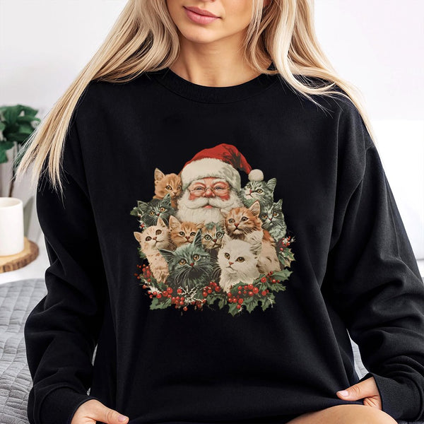 Adorable Christmas Cat Sweatshirt, Retro Santa Claus and Kittens Sweatshirt, Vintage Holiday Graphic Sweatshirt, Festive Cat 