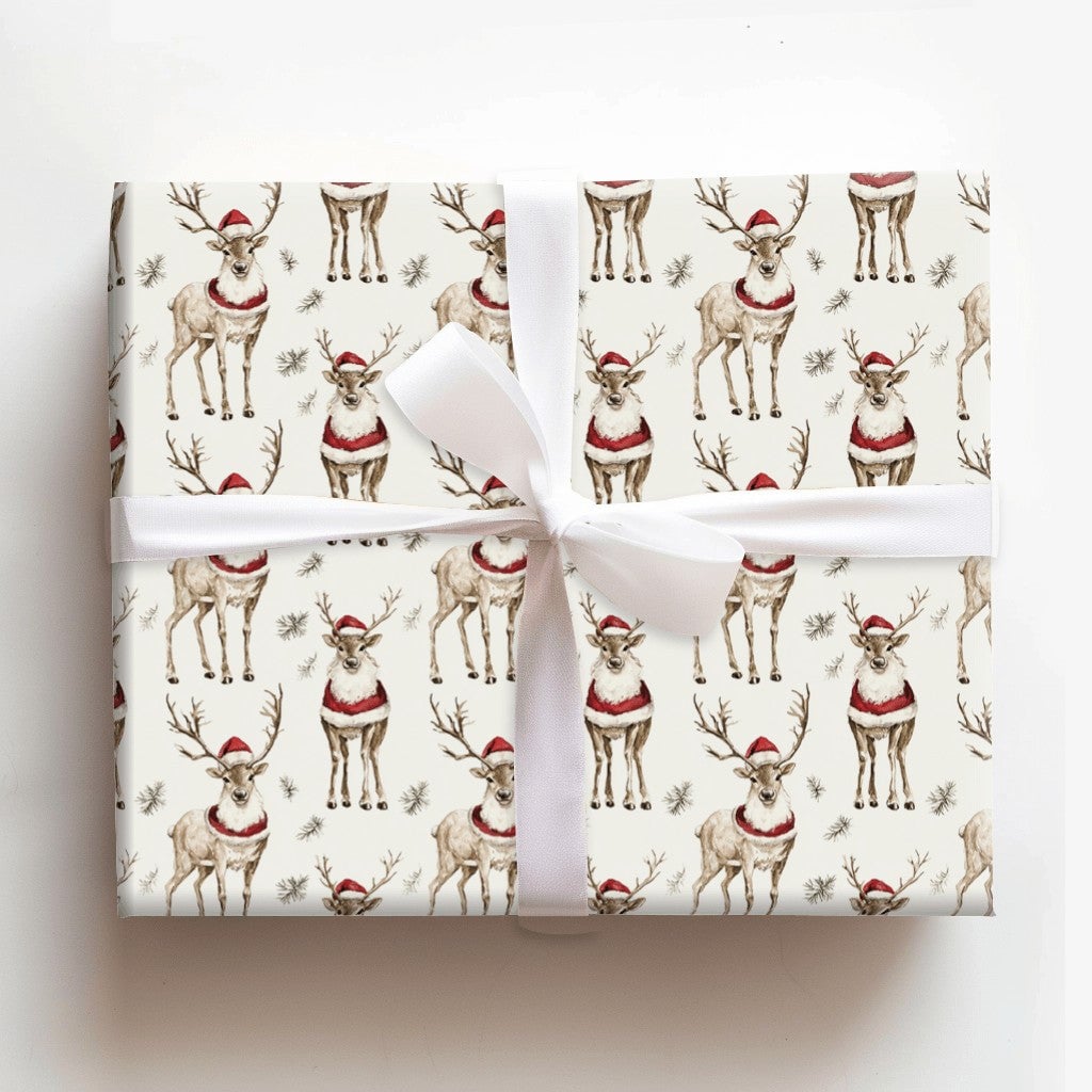 Santa Hat Reindeer Gift Wrap, Watercolor Reindeer Wrapping Paper, Festive Reindeer Christmas Paper Roll, Holiday Gift Wrappin