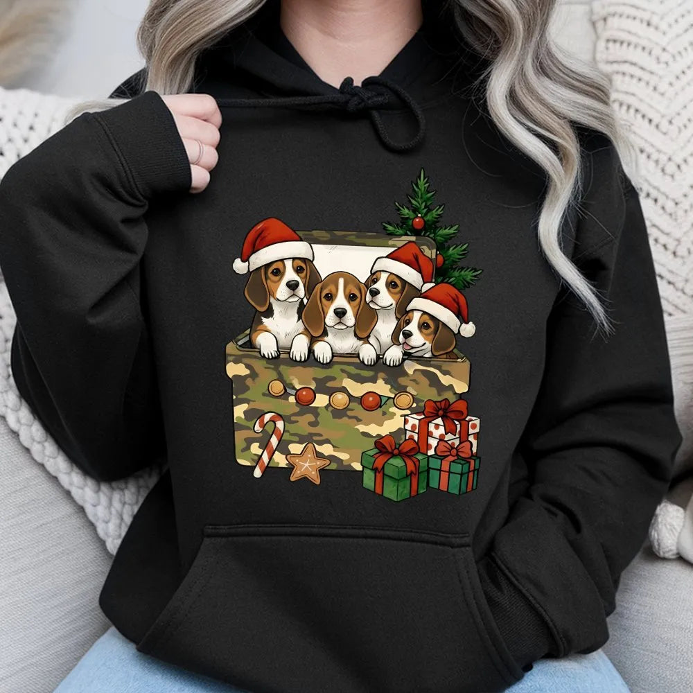 Puppies in Gift Box Hoodie, Beagle Christmas Hoodie, Adorable Beagle Dog Sweatshirt, Christmas Pet Lover Hoodie, Winter Dog H