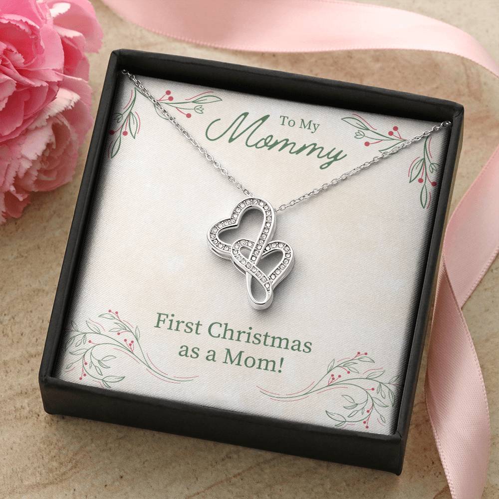 Double Heart Pendant, First Christmas as a Mom Necklace, Interlocking Heart Necklace, 14K White Gold Jewelry, Meaningful New 