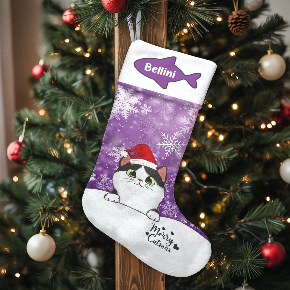 Adorable Kitten Christmas Stocking, Personalized Cat Santa Hat Christmas Stocking, Custom Pet Holiday Stocking, Cat Lover Hol