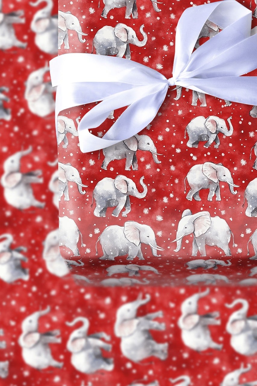 Red Snowy Holiday Gift Wrap, Watercolor Elephant Christmas Wrapping Paper, Adorable Winter Animal Wrapping Paper, Festive Hol