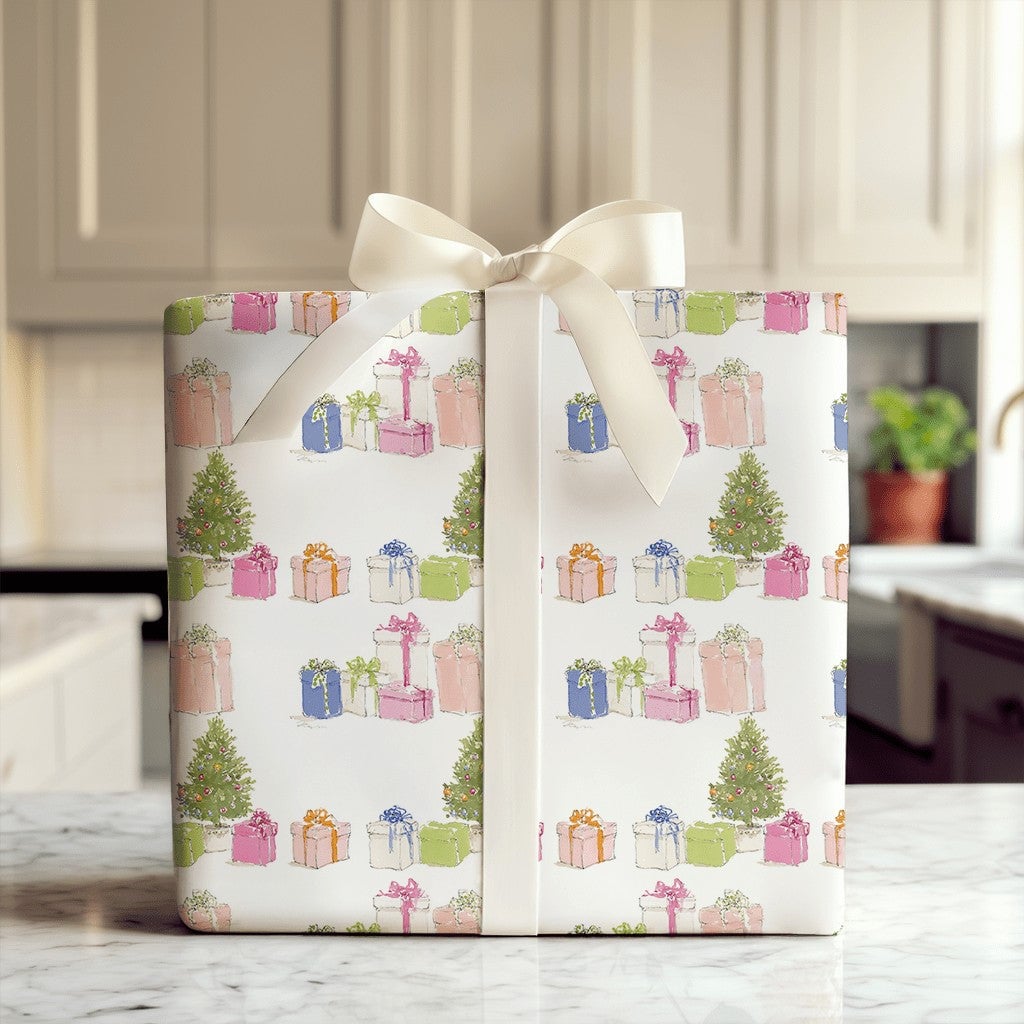 Watercolor Holiday Presents Gift Wrap, Christmas Tree Wrapping Paper, Festive Colorful Xmas Tree Gift Wrapping Paper, Winter 